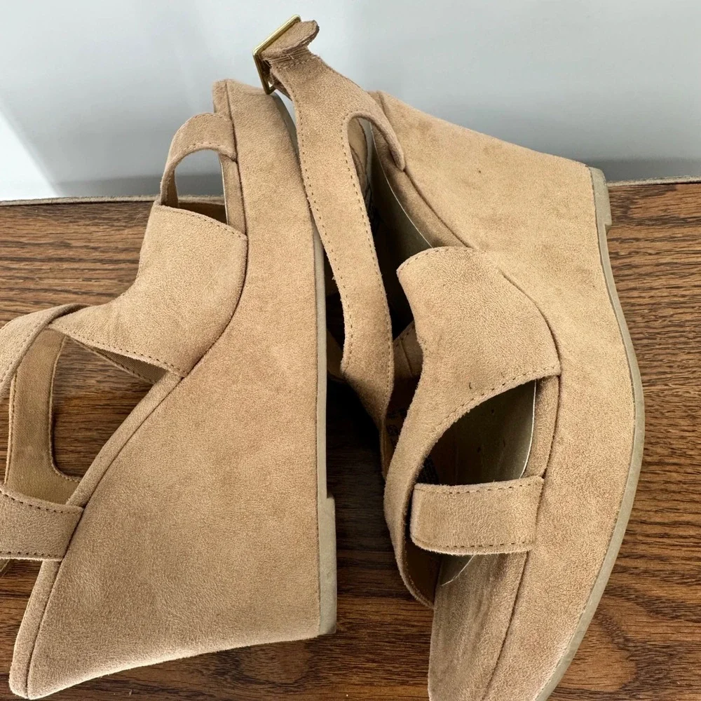 Boho Neutral Tan Faux Suede Platform Wedge Sandals Strappy‎ Resort Ankle Strap 9